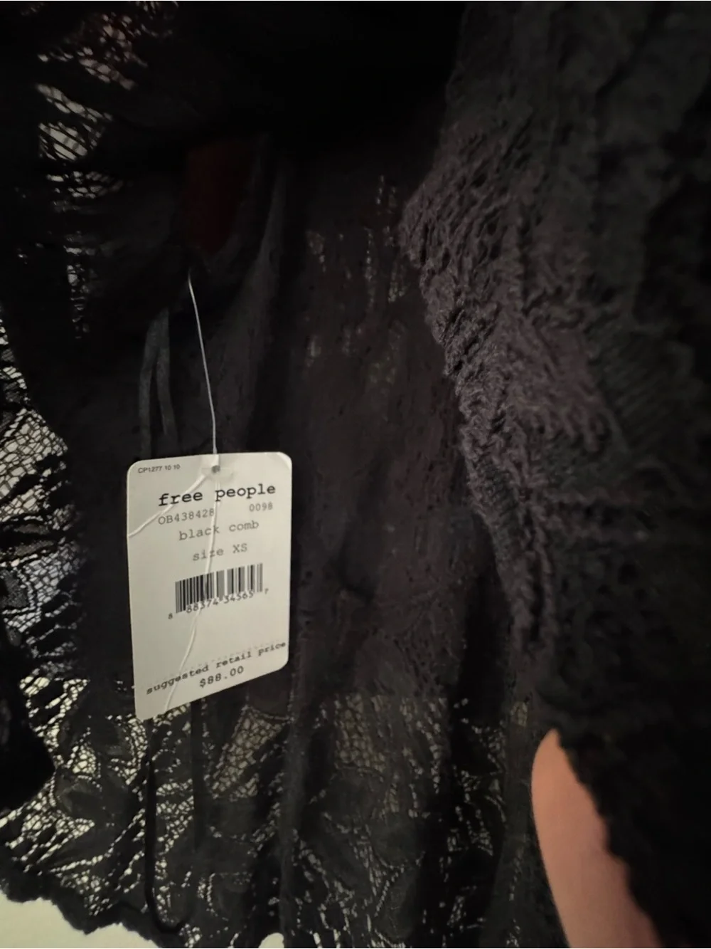 Free People Black Lace sleeveless Tank with brown- Trim Ribbed Neckline/XS/ NWT